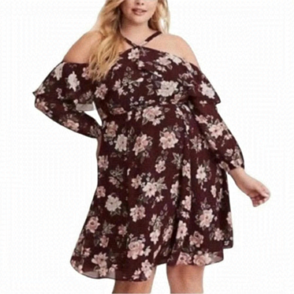 Torrid Womens Size 16 Burgundy Floral Cold Shoulder Ruffle Dress NEW Longsleeve - Picture 1 of 14